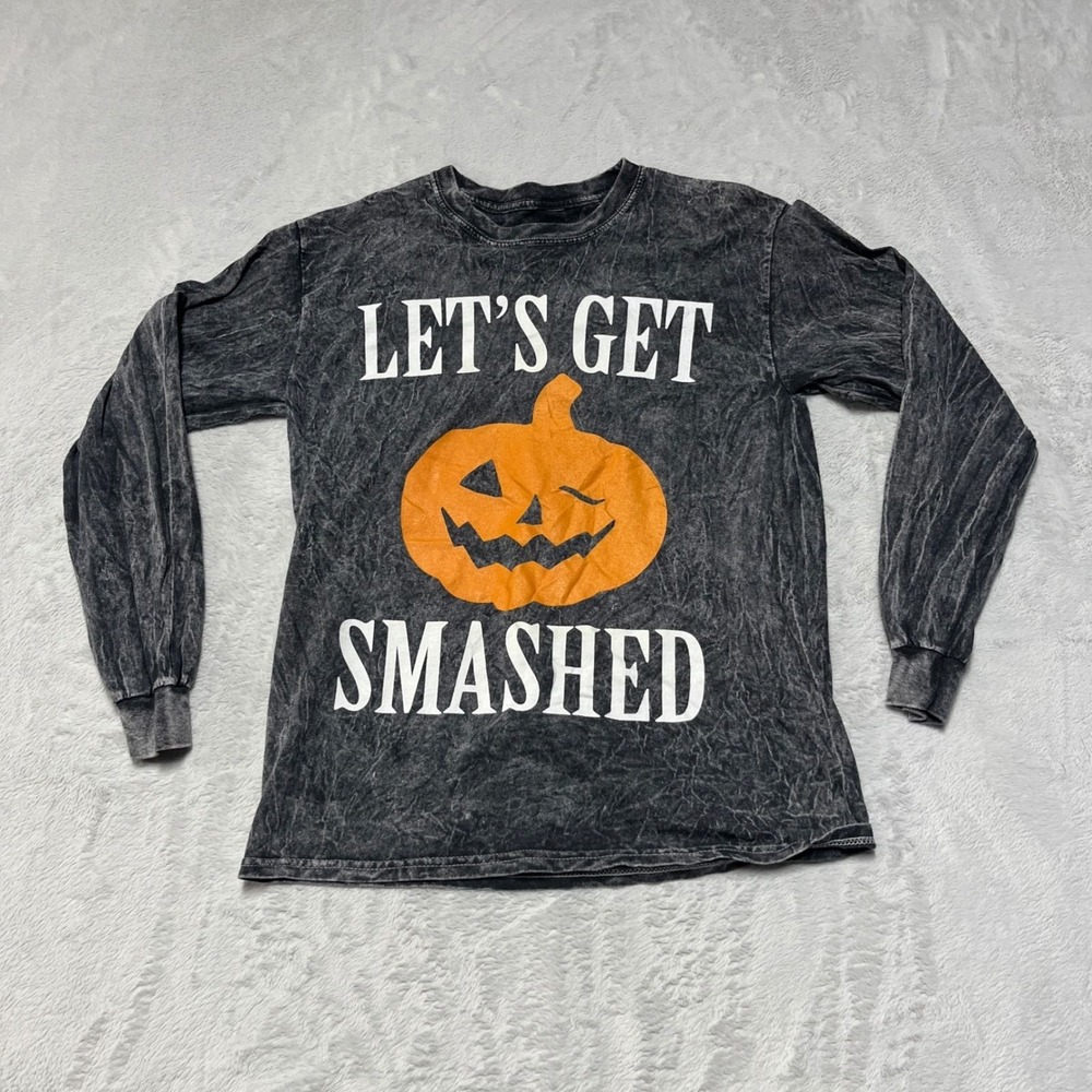 Spirit Halloween Graphic Tee Unisex Small Gray Let's Get Smashed Acid Wash
